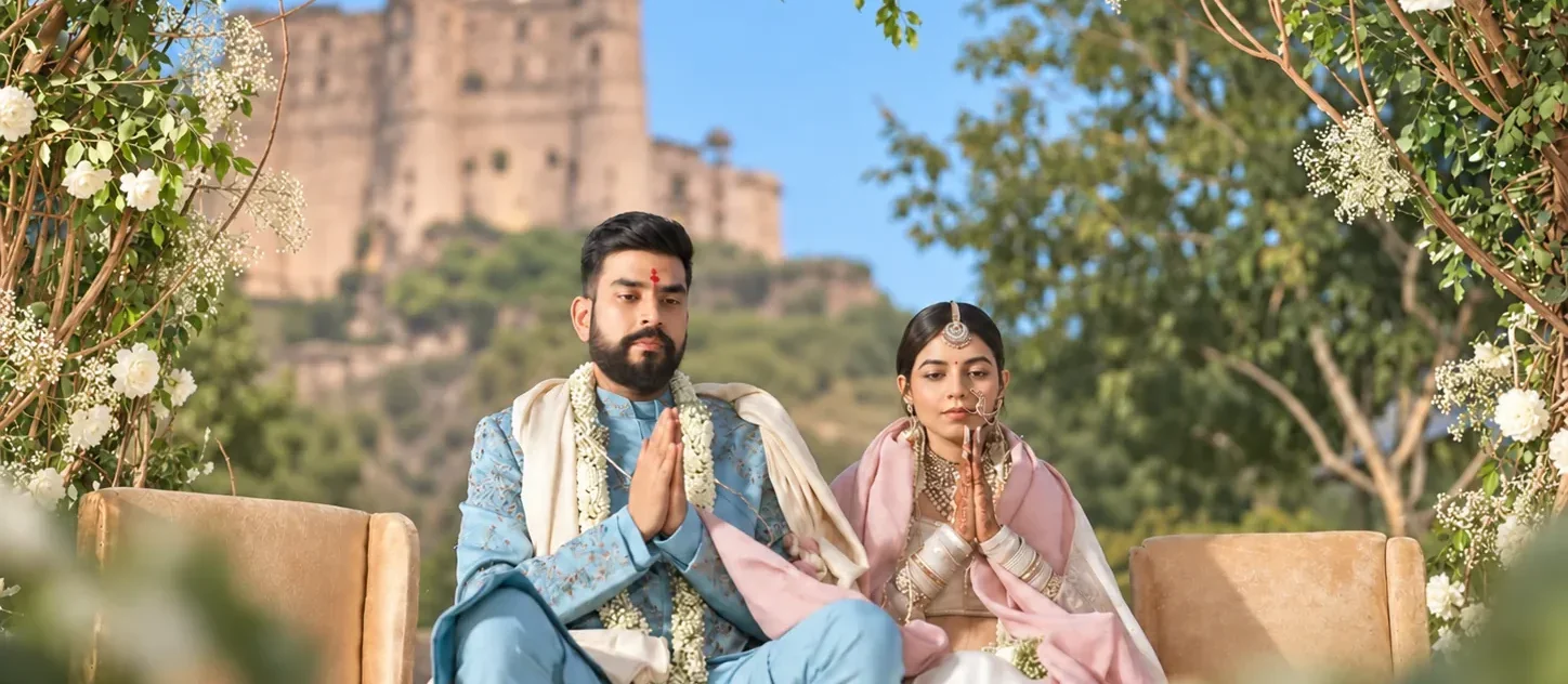 Bride and groom seated beneath a white floral mandap with Alila Fort Bishangarh in the background