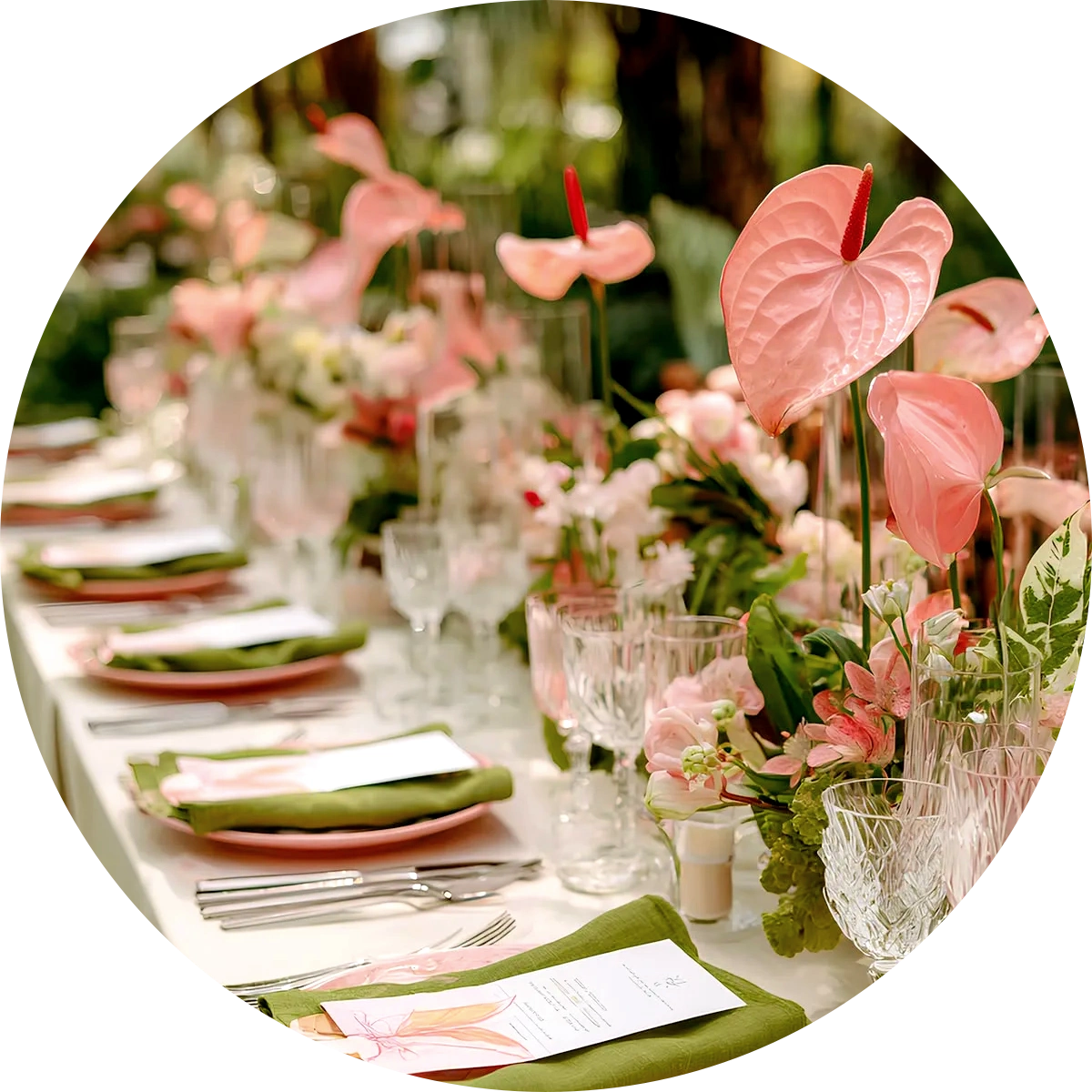 An elegantly curated long dining table featuring pink anthurium floral arrangements, olive green linens, and crystal glassware for a luxury wedding reception.