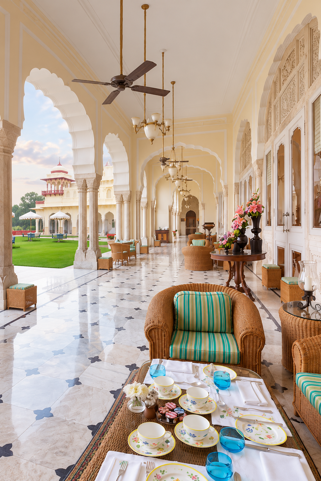 Rambagh Palace veranda with seating and garden views