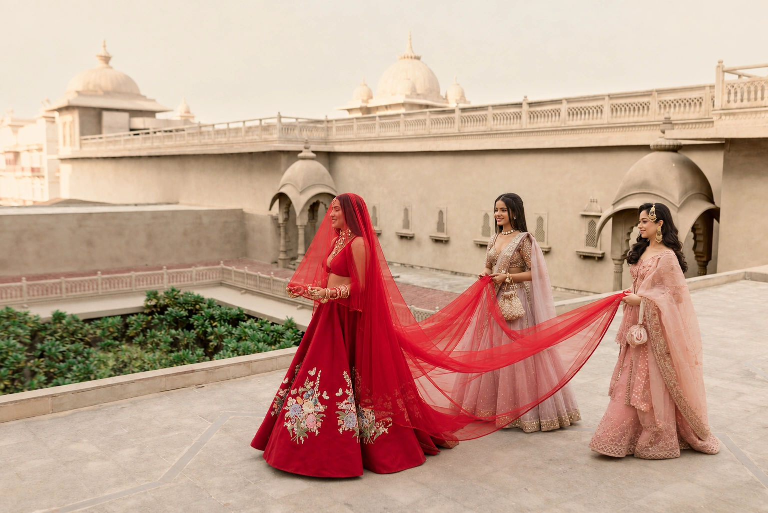 3. A bride in a red Sabyasachi lehenga walks on an outdoor stone terrace at Fairmont Jaipur while two bridesmaids carry her trailing red veil against traditional palatial domes.