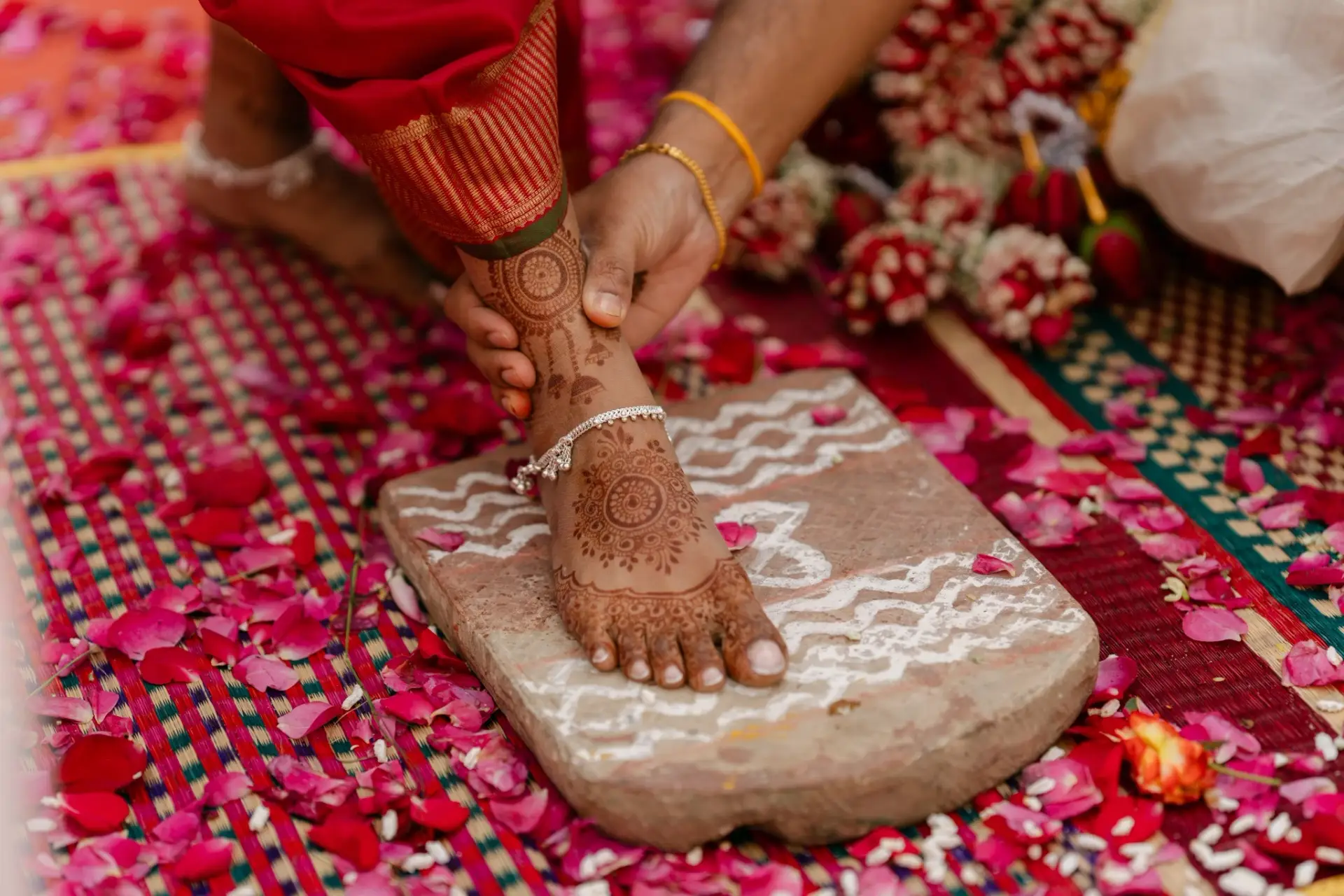 Close detail of the couple’s hands during the wedding ceremony at Hyatt Regency Jaipur Mansarovar, Jaipur