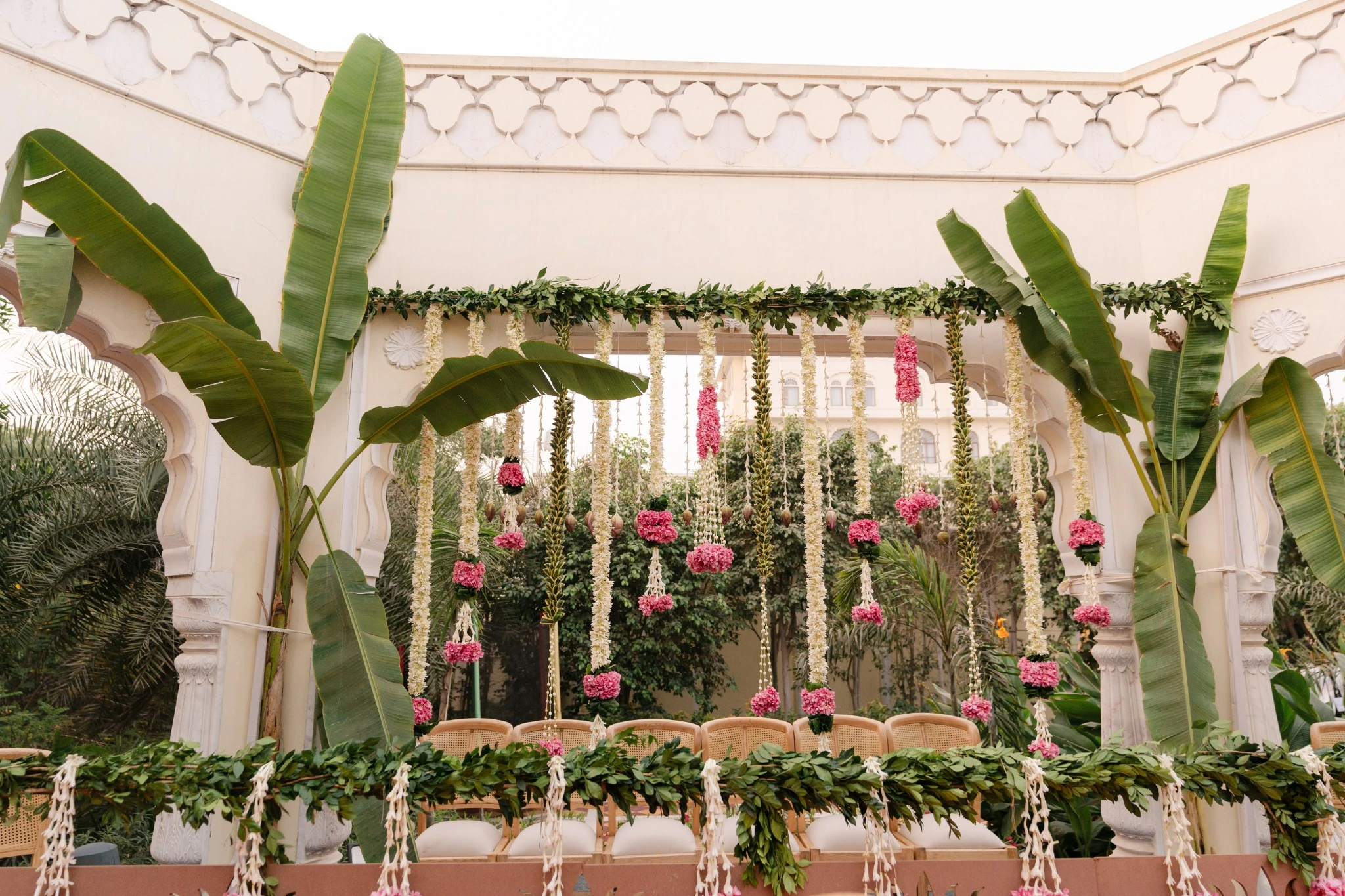 Mandap canopy with floral hangings and banana plants at Hyatt Regency Jaipur Mansarovar, Jaipur