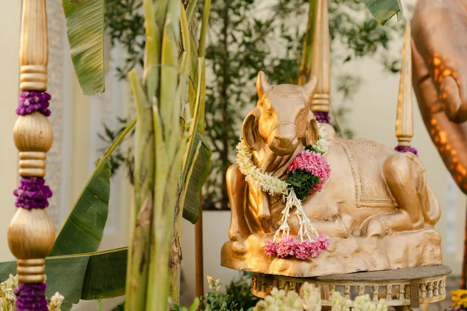 Nandi sculpture adorned with a floral garland at Hyatt Regency Jaipur Mansarovar, Jaipur