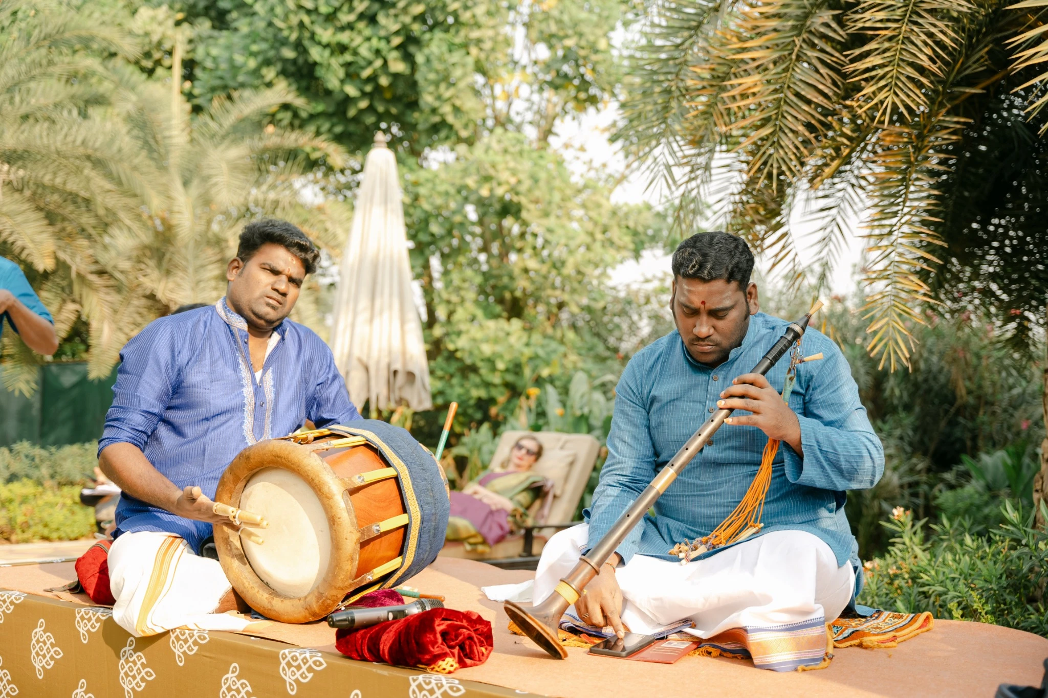 Traditional musicians playing wind and percussion instruments at Hyatt Regency Jaipur Mansarovar, Jaipur