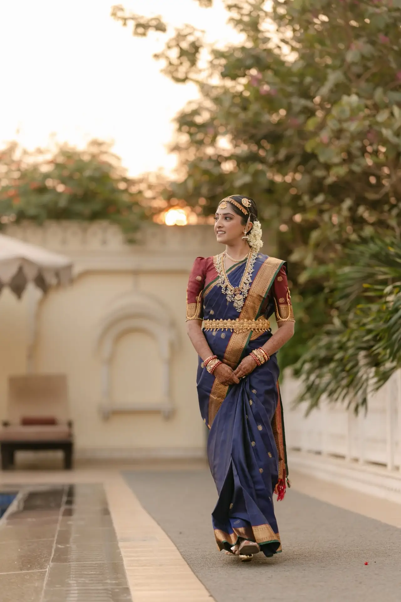 Ankita in a blue silk saree and traditional gold jewellery at Hyatt Regency Jaipur Mansarovar, Jaipur