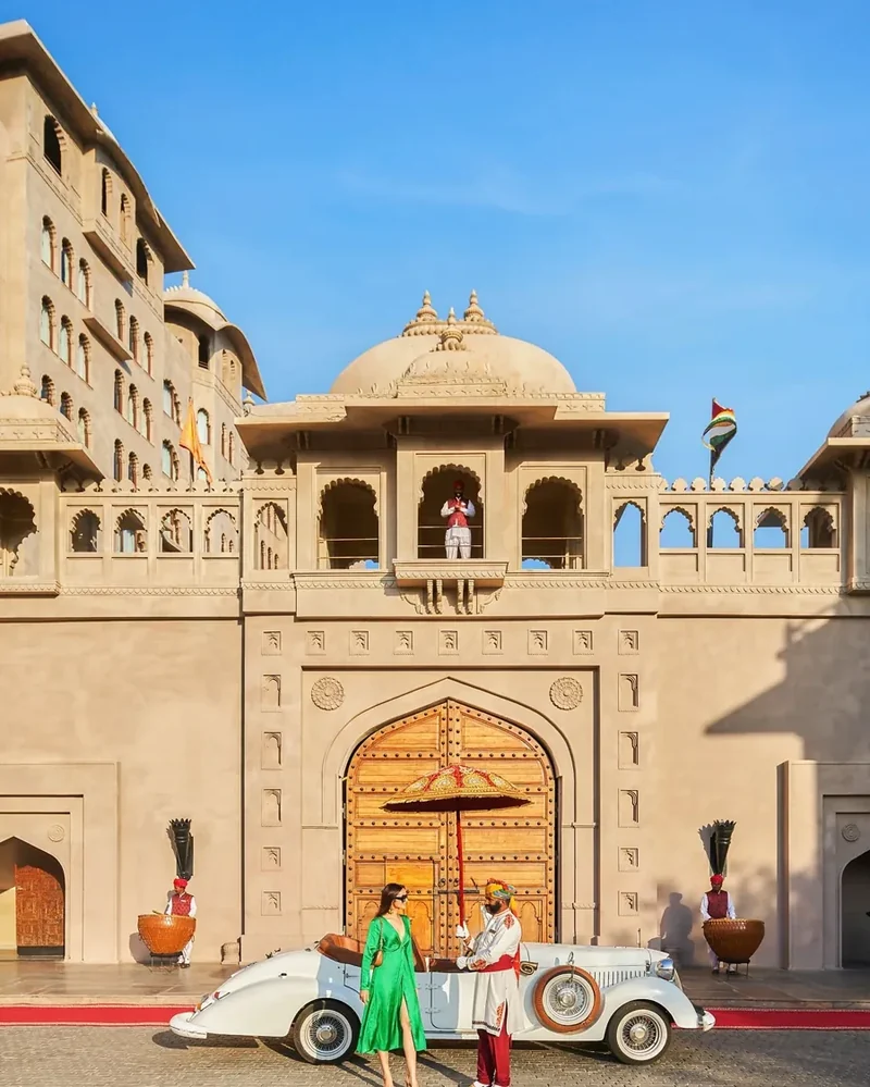Daylight main entrance and sandstone architecture at Fairmont Jaipur.