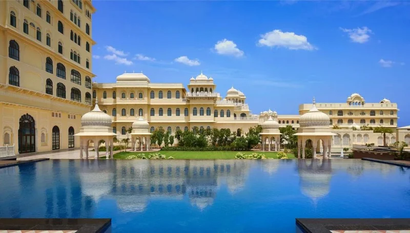 Palace wings and pool at Hyatt Regency Jaipur Mansarovar.