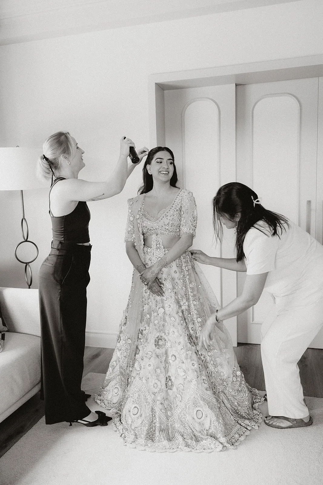 Bridal preparations photographed in black and white