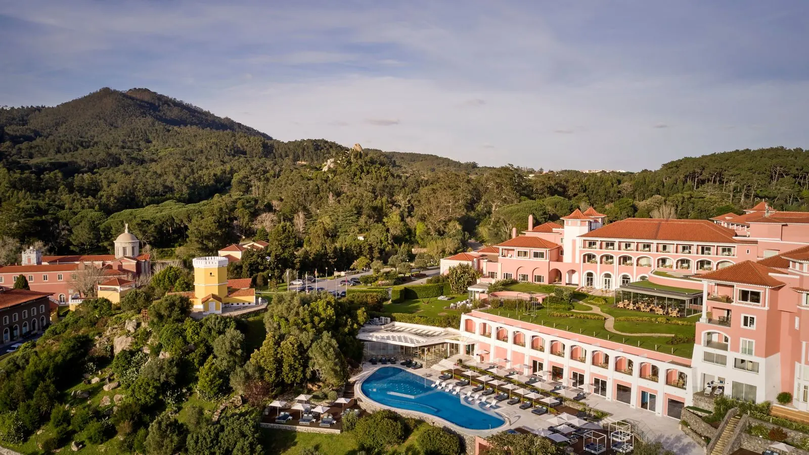 Penha Longa Resort, the monastery, pool and green Sintra landscape
