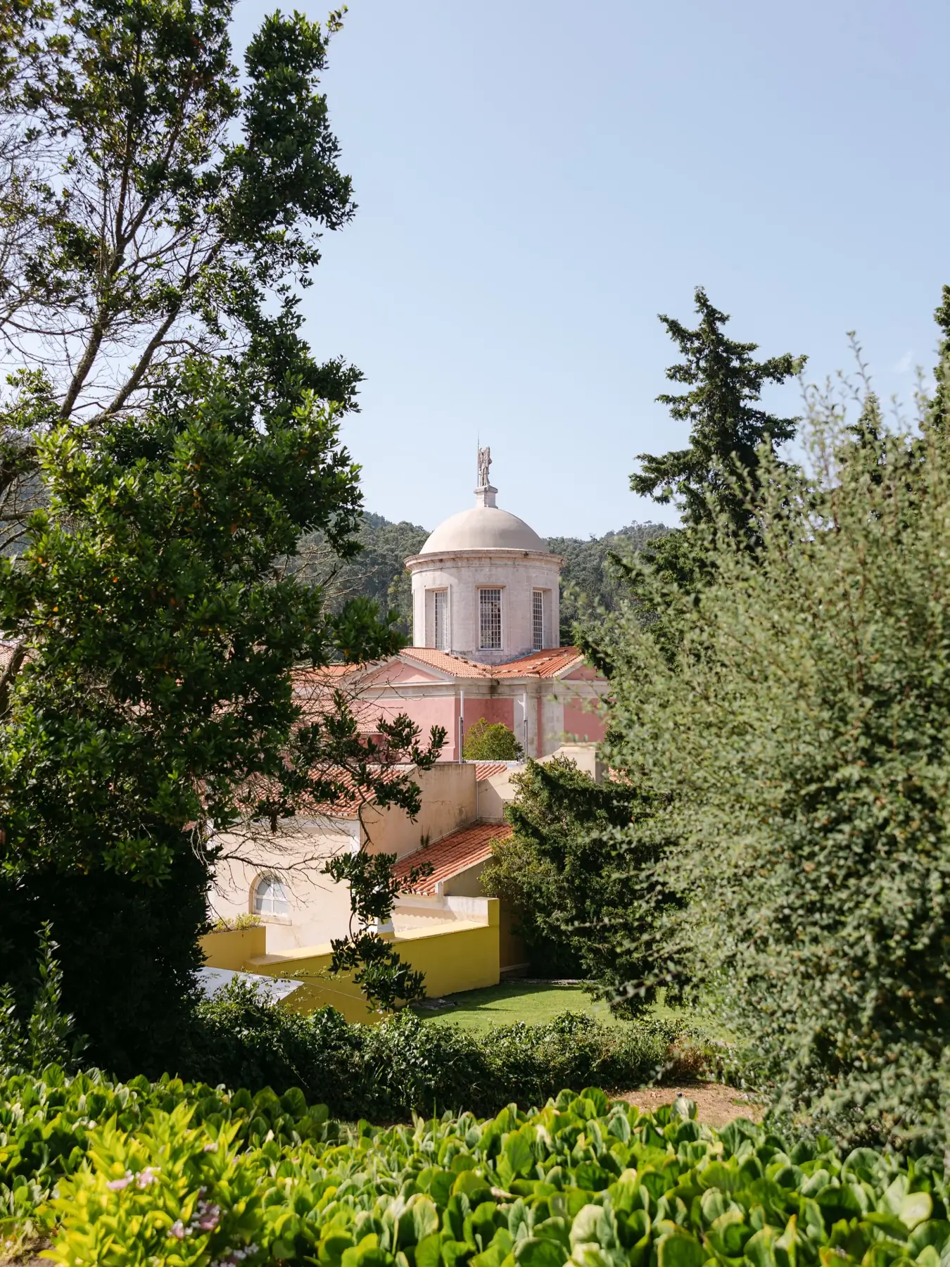 The monastery building framed by trees in the Penha Longa grounds