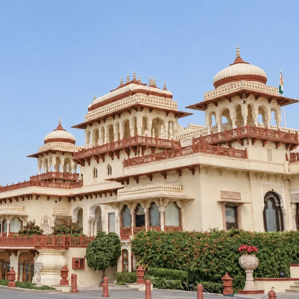 Rambagh Palace façade and traditional chhatris beneath a clear Jaipur sky