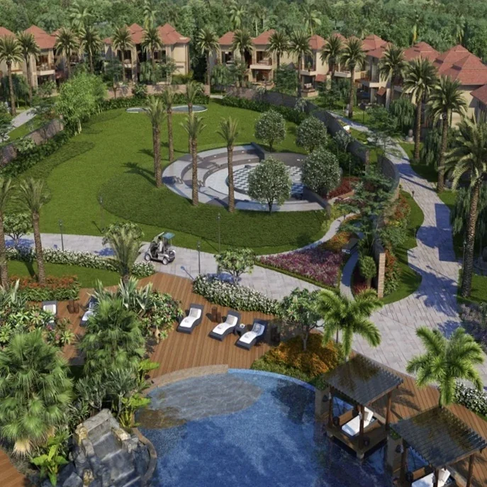 Architectural rendering of The Ozen Villas Jaipur, showing landscaped gardens, villas and pools.